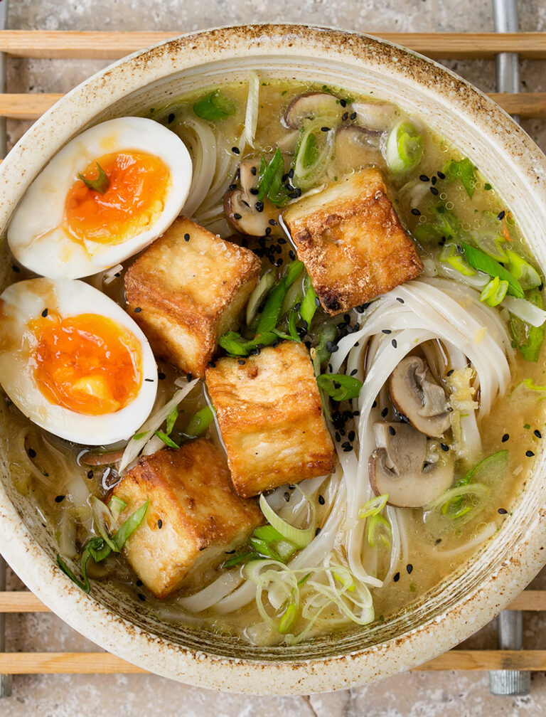 Crispy Tofu Miso Soup With Rice Noodles And Creamy Boiled Egg