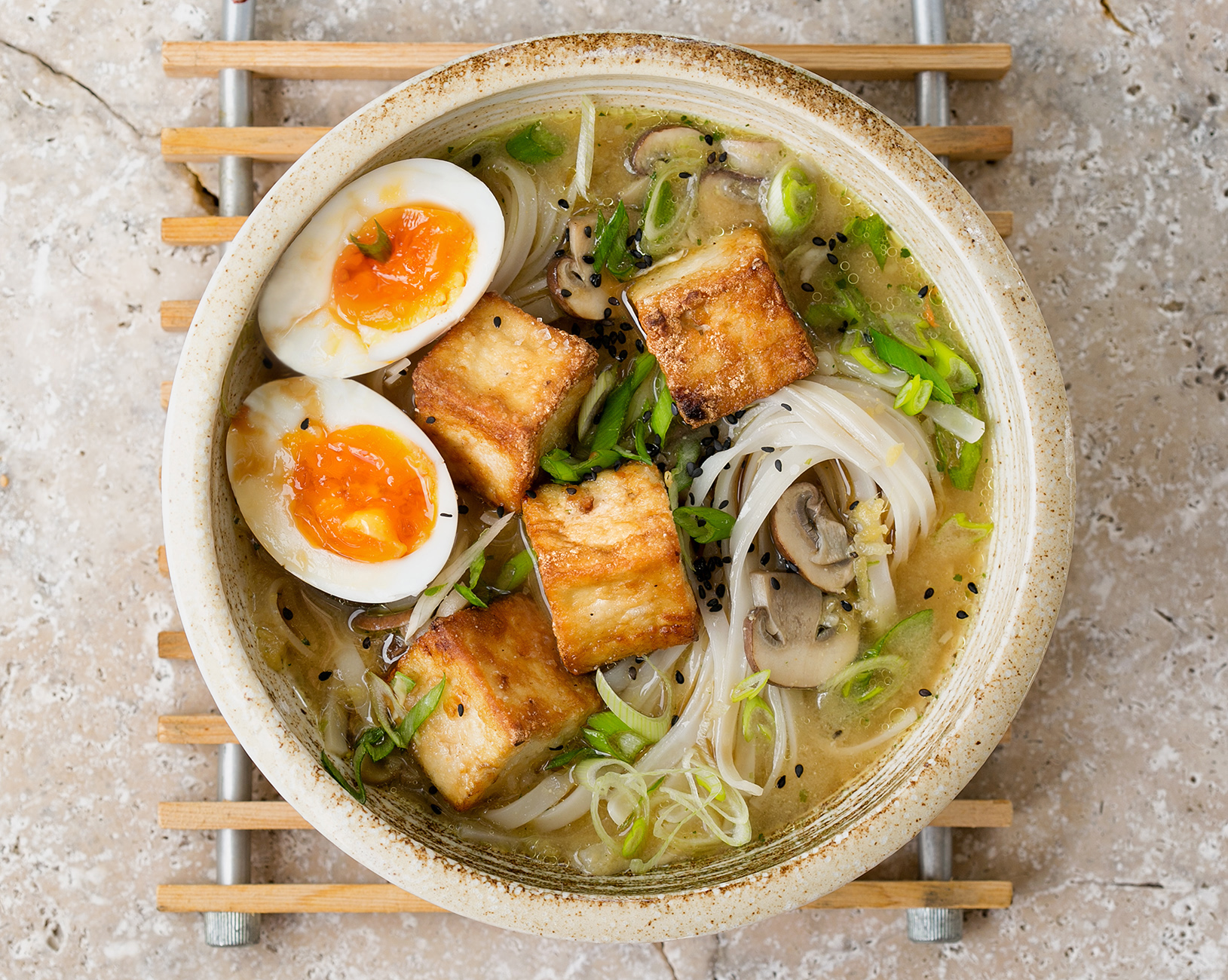 crispy-tofu-miso-soup-with-rice-noodles-and-creamy-boiled-egg