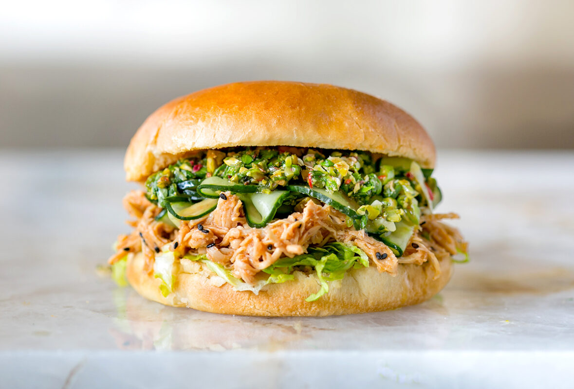 Miso Pulled Chicken Pistachio Pesto Burger - Cucumber and Basil