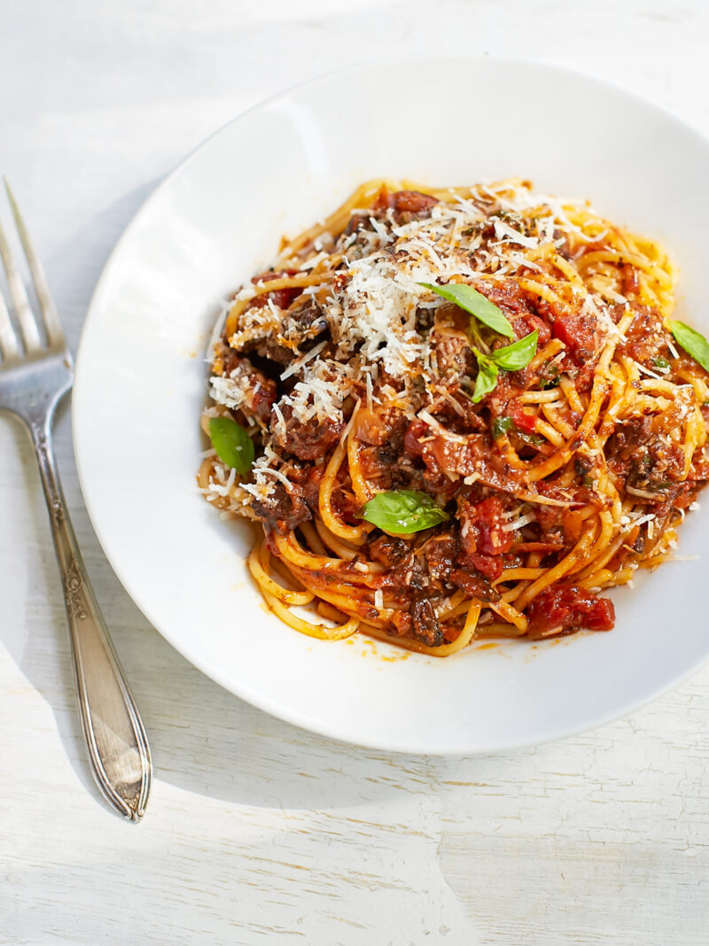 Vegetarian Spaghetti Bolognese - With 'bacon-bit' Mushrooms