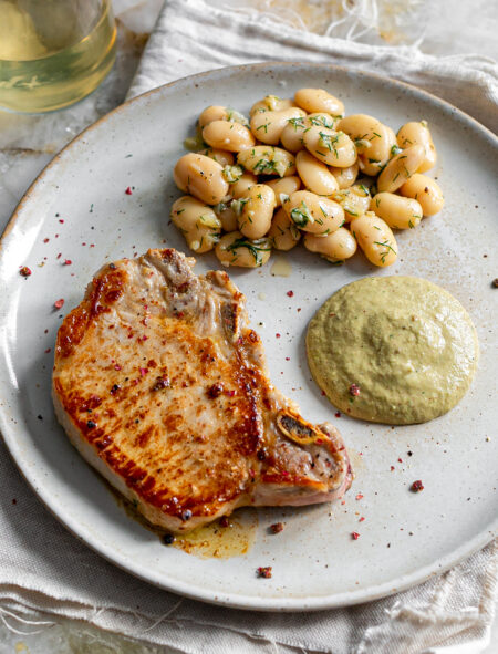 Veal Chop with Buttered Dill Beans