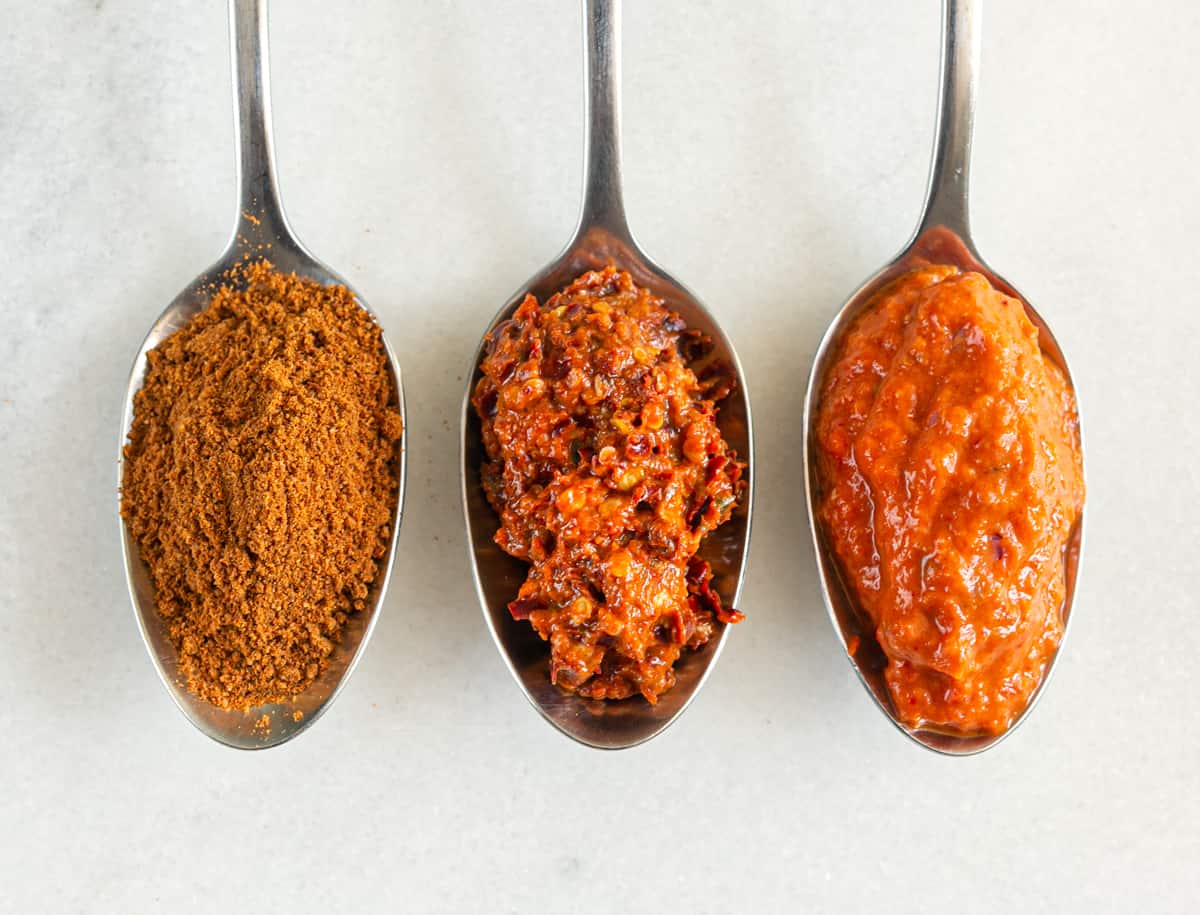 photos showing the difference between harissa powder, harissa paste and harissa sauce