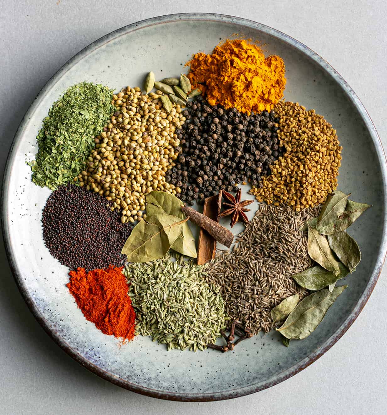 A blue plate topped with all the spices that make up a Madras Curry Powder spice blend