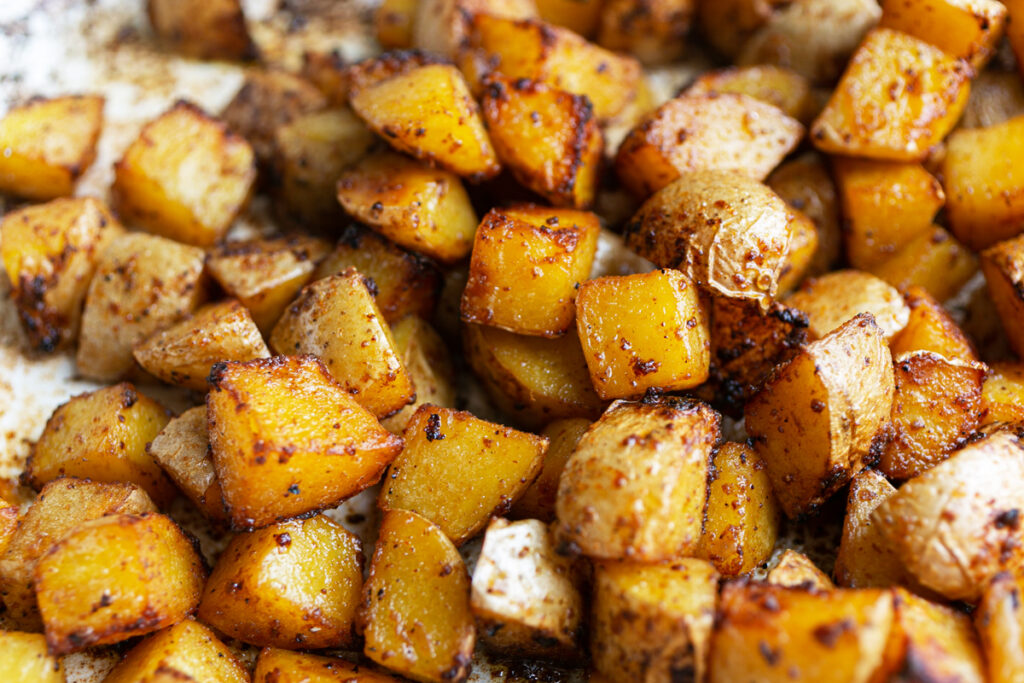 Close up photos of miso butter roasted potatoes
