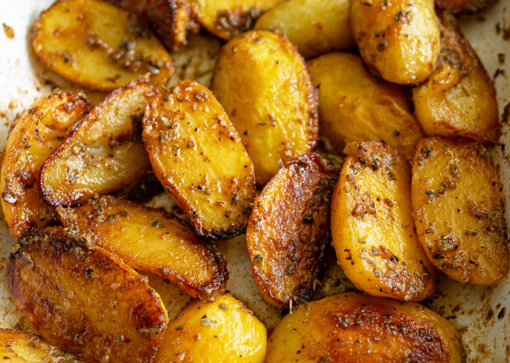 close up of oven roasted potatoes 