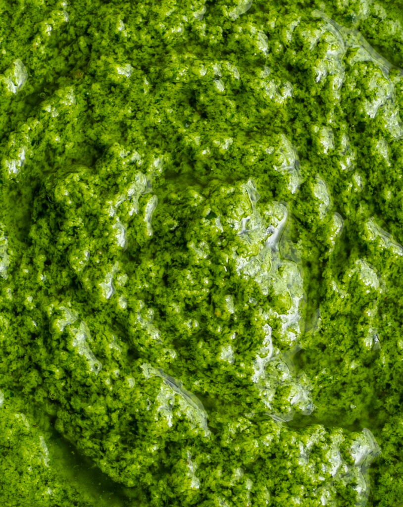 close up of the best basil pesto