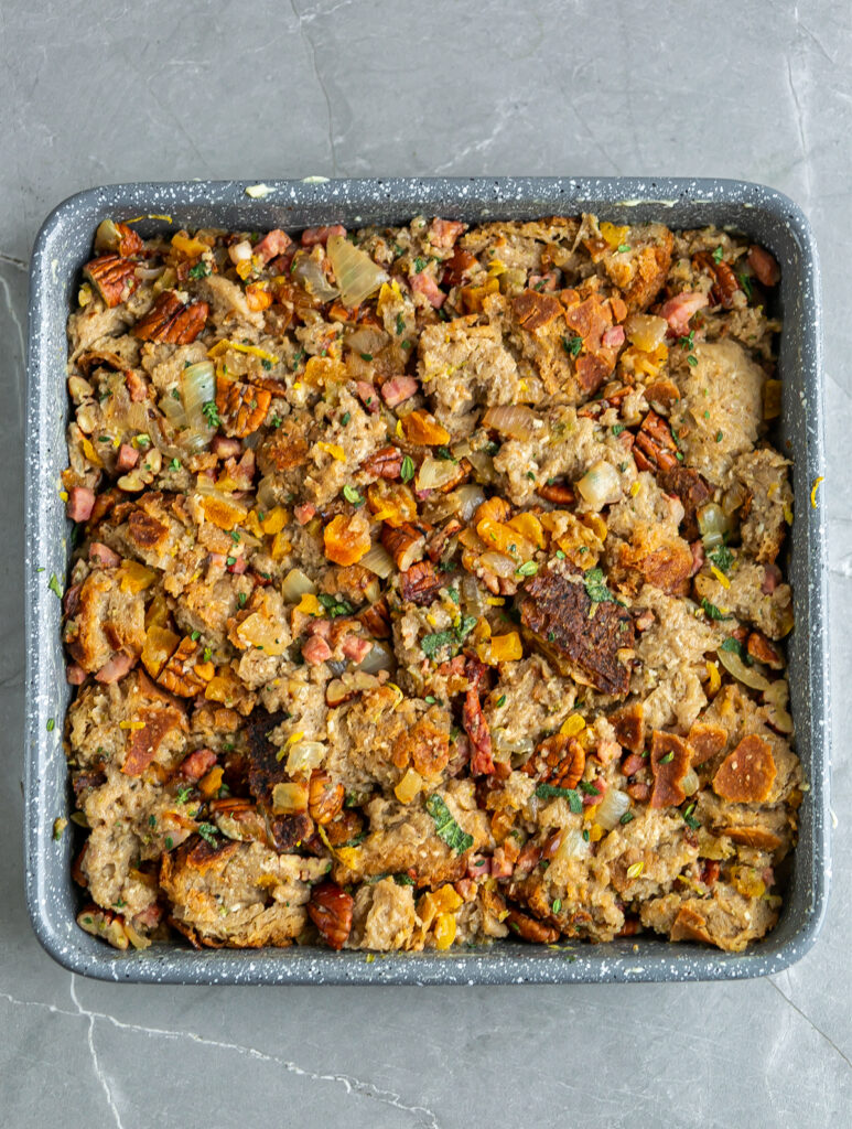 Sourdough Pecan And Apricot Stuffing in a roasting tray 