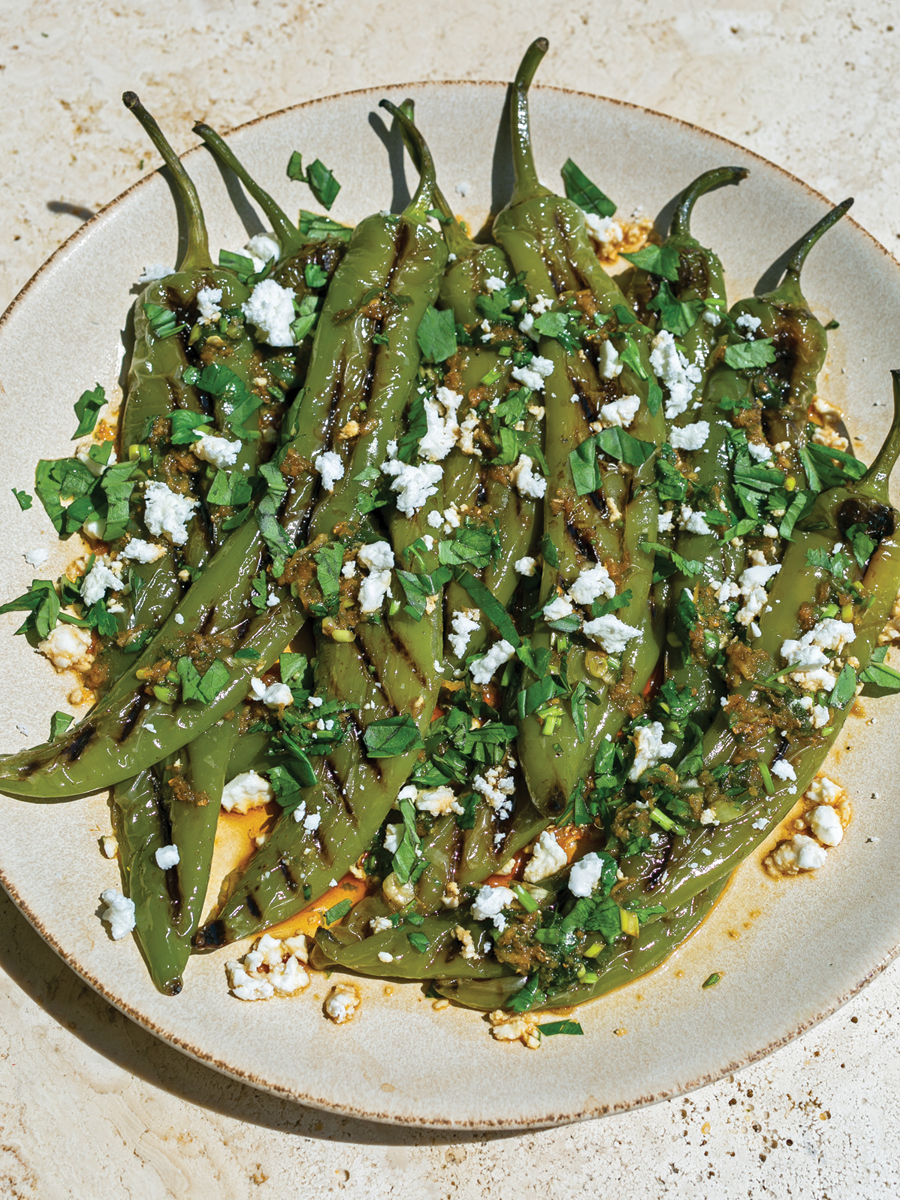 Grilled Turkish Green Peppers (Sivri Biber) with Sunshine Sauce